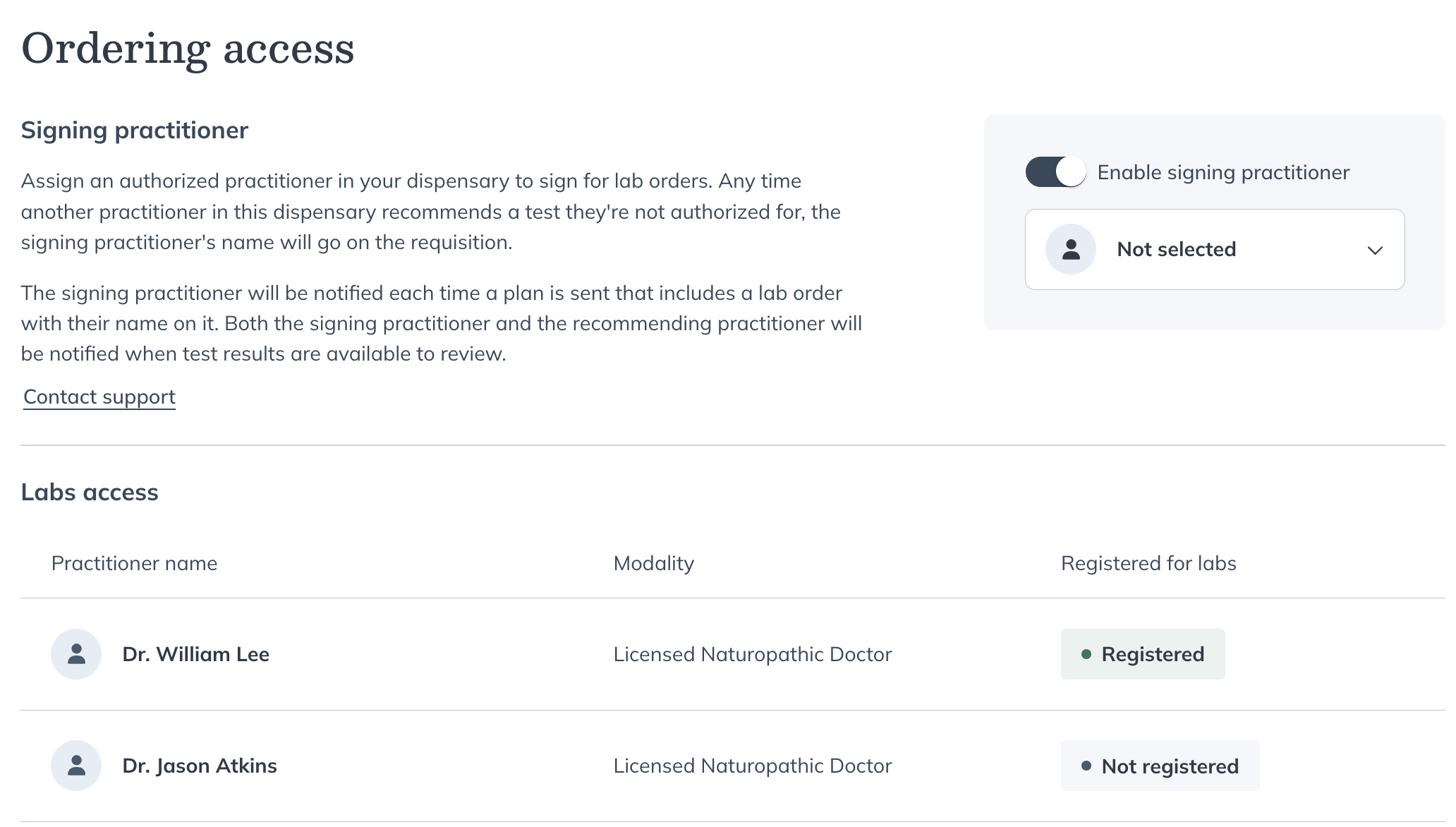 Ordering access section showing signing practitioner settings and practitioner access list.
